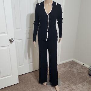 NWT Pink Rose L  Black WITH CREAM PIPING RIBBED pantset Pillowy Soft